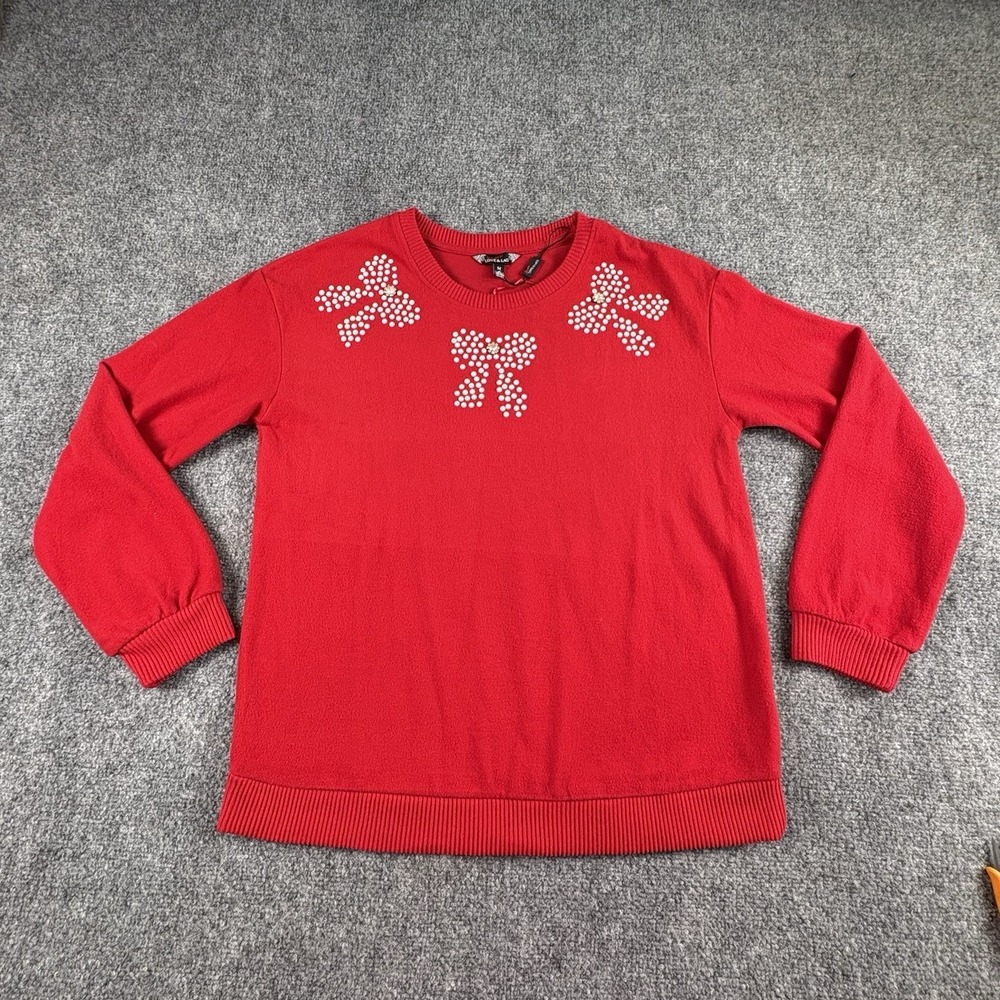 Love & Lace Sweater Women's M Red Pearl Bow Christmas Holiday Coquette Festive